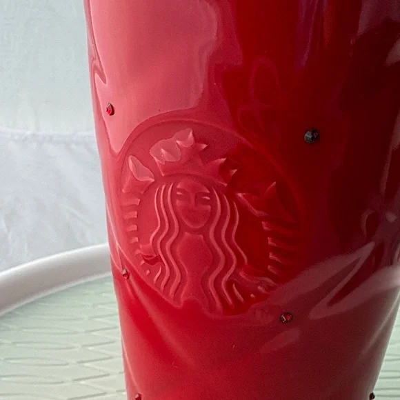 Starbucks RED QUILTED Valentine Swarovski Crystal Ceramic Travel Cup 10 Oz 2016